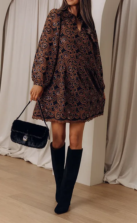 Embroidered Long Sleeve Mini Dress