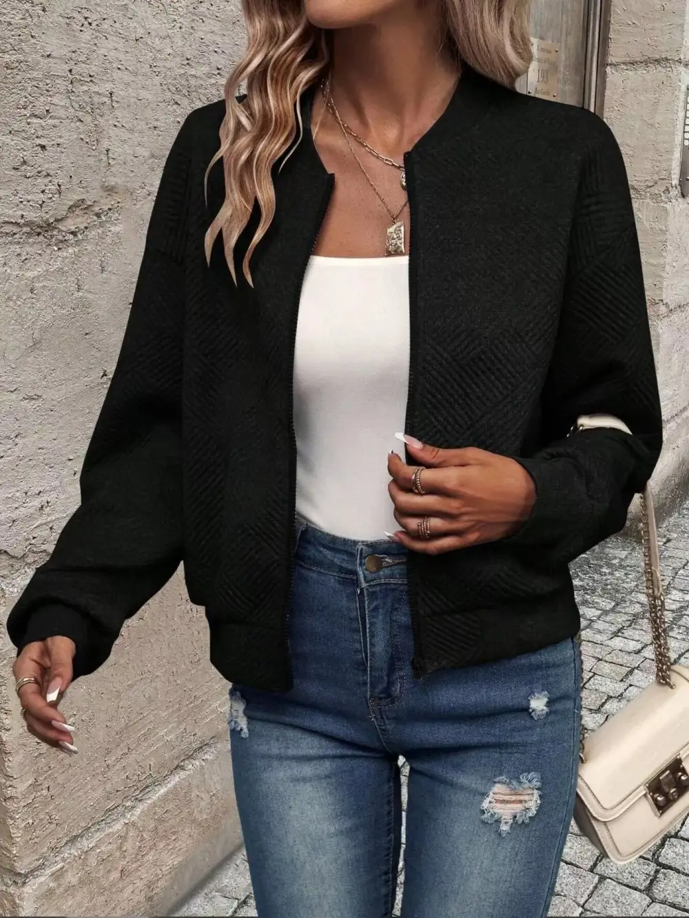 Texture Zip-up Bomber Jacket