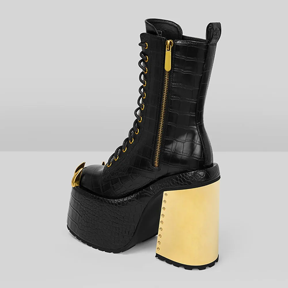 Faux-Leather Crocodile-Embossed Studded Lace-Up Ankle Boots