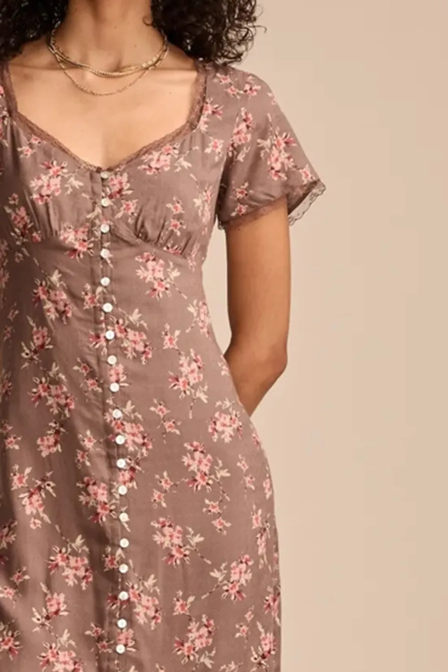 Floral Lace Trimmed Short Sleeve Midi Dress