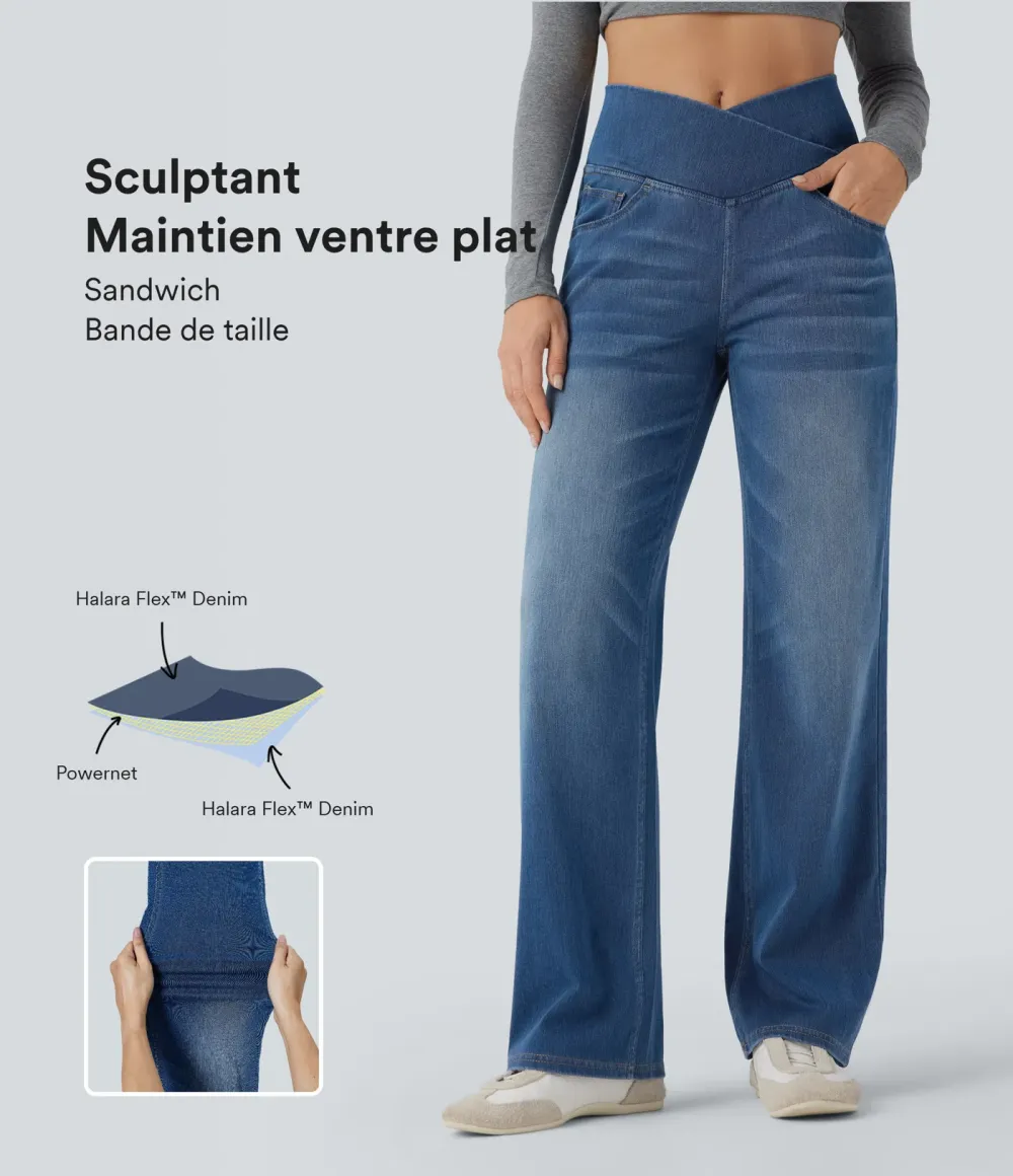 High-waisted, relaxed, crossover straight-leg jeans with  pockets