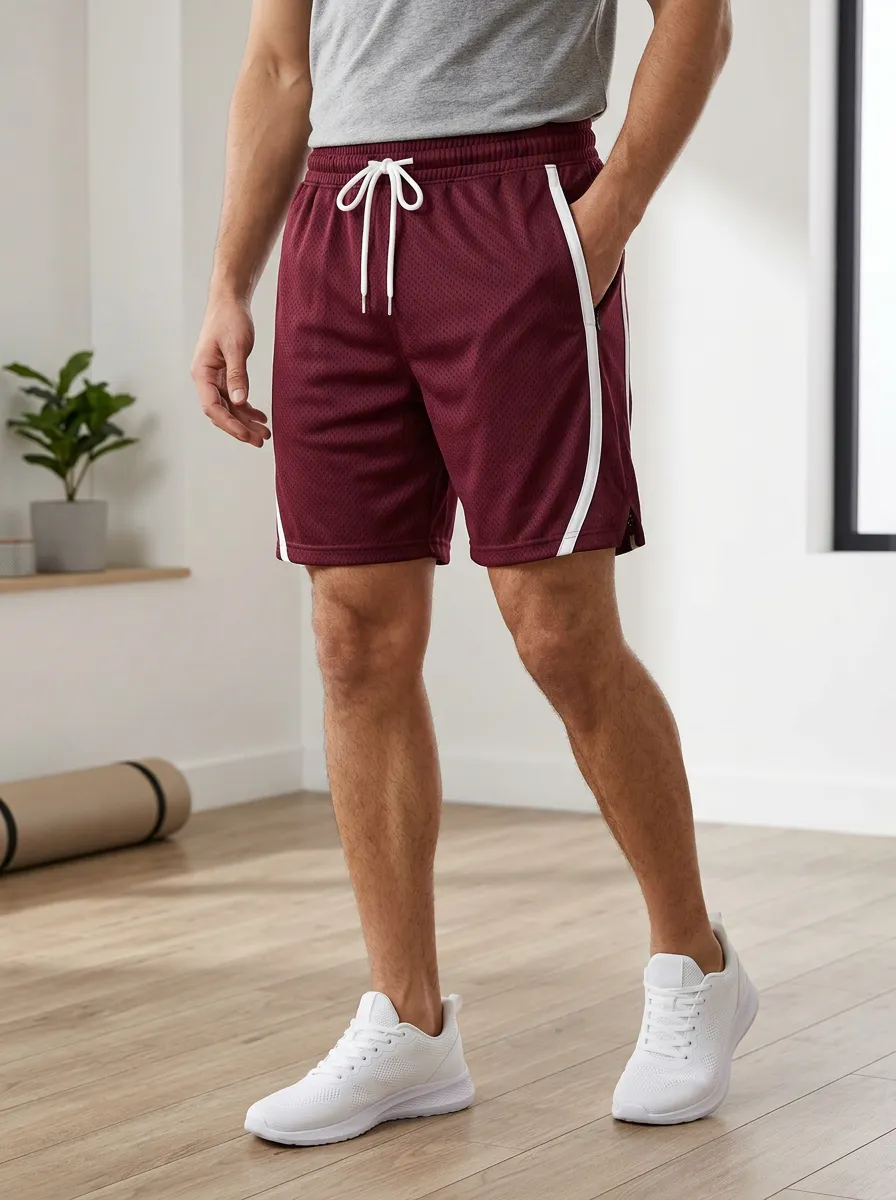 Men's Athletic Gym Burgundy Mesh Side Stripe Training Shorts
