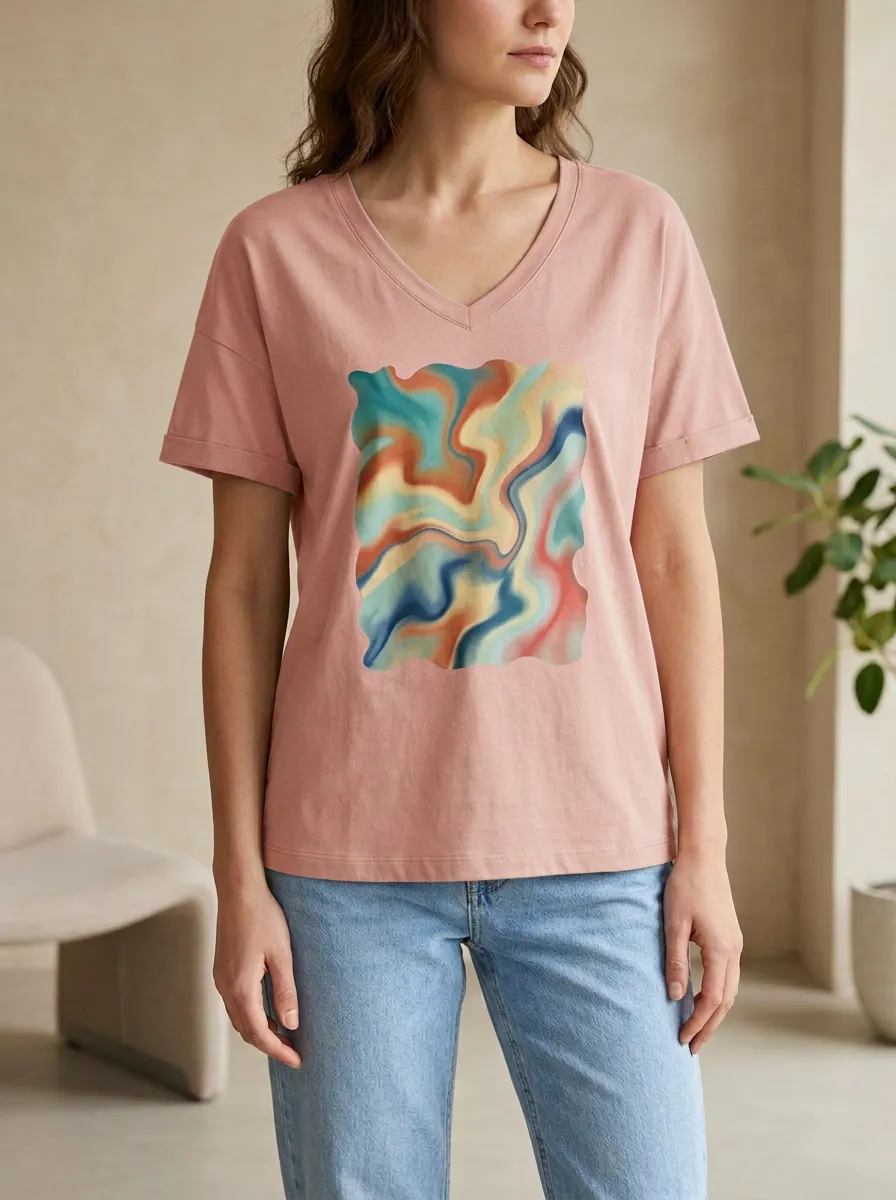 Women's Abstract Art Lover Swirl Pattern Printed V-Neck T-Shirt