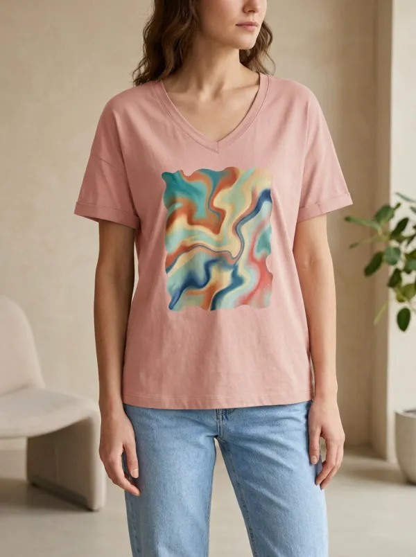 Women's Abstract Art Lover Swirl Pattern Printed V-Neck T-Shirt