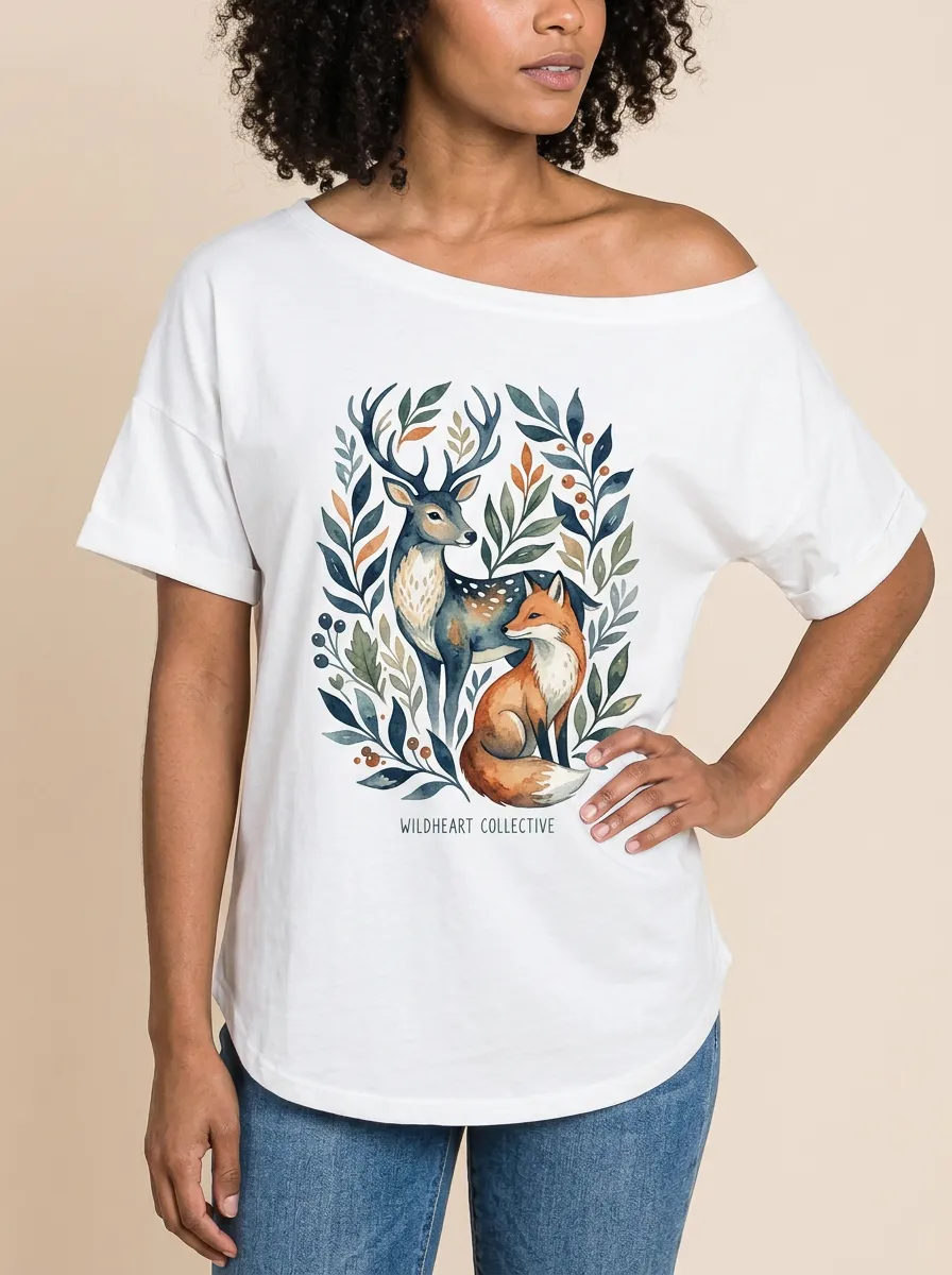 Women's Nature Lover Deer and Fox Botanical Printed T-shirt