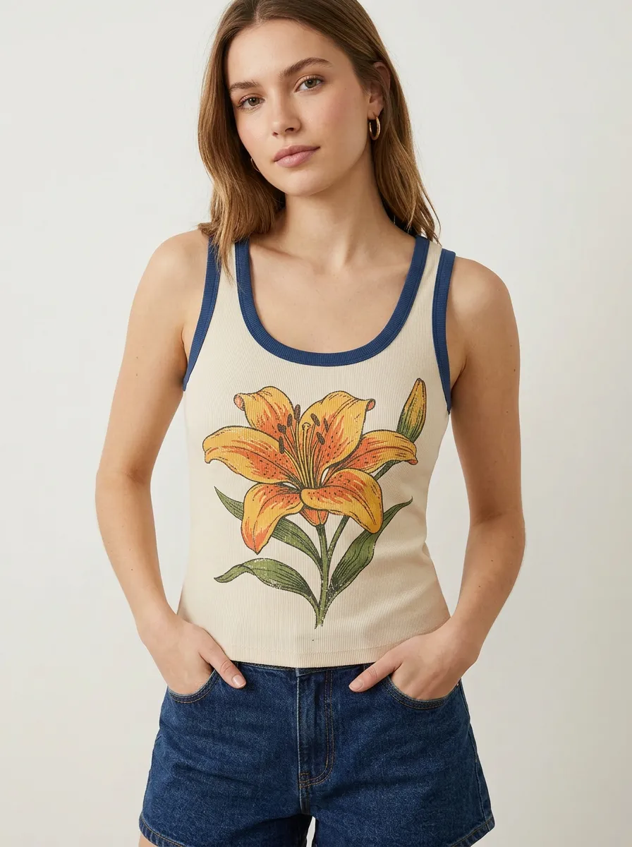 Women's Floral Lover Orange Lily Printed Ribbed Tank Top