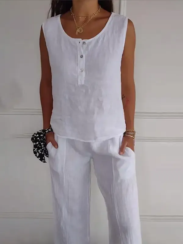 WWomen's Cotton and Linen Solid Color Two-piece Set