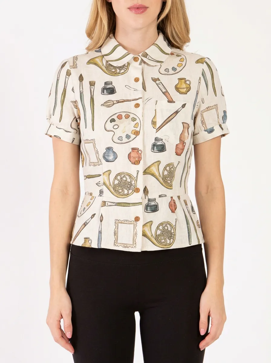 Women's Artist Hobbyist Paintbrush Palette Printed Blouse