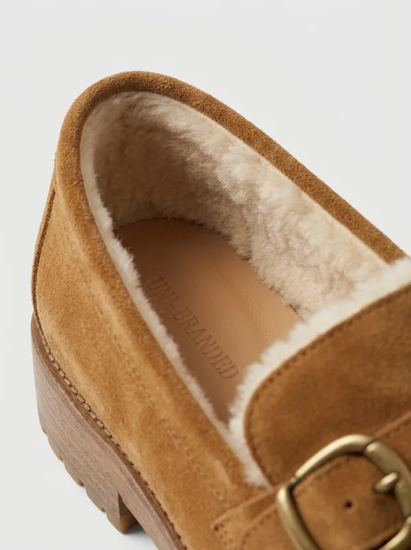 Buckle Faux Fur Lined Suede Wood Sole Loafers