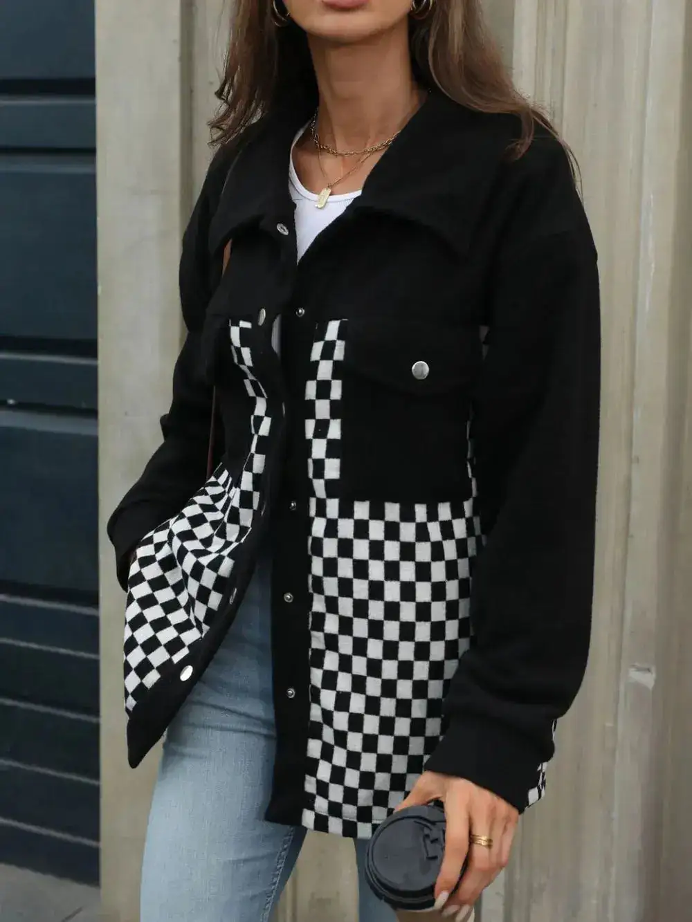Checkered Snap Front Casual Jacket