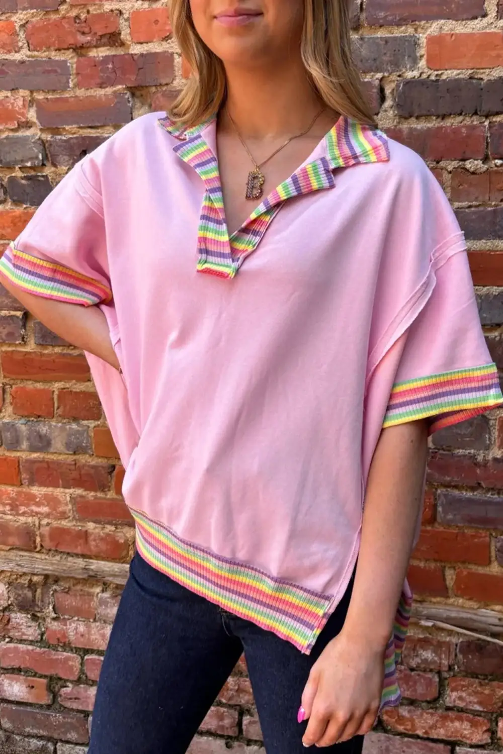Rainbow Ribbed Patchwork Raw Tee