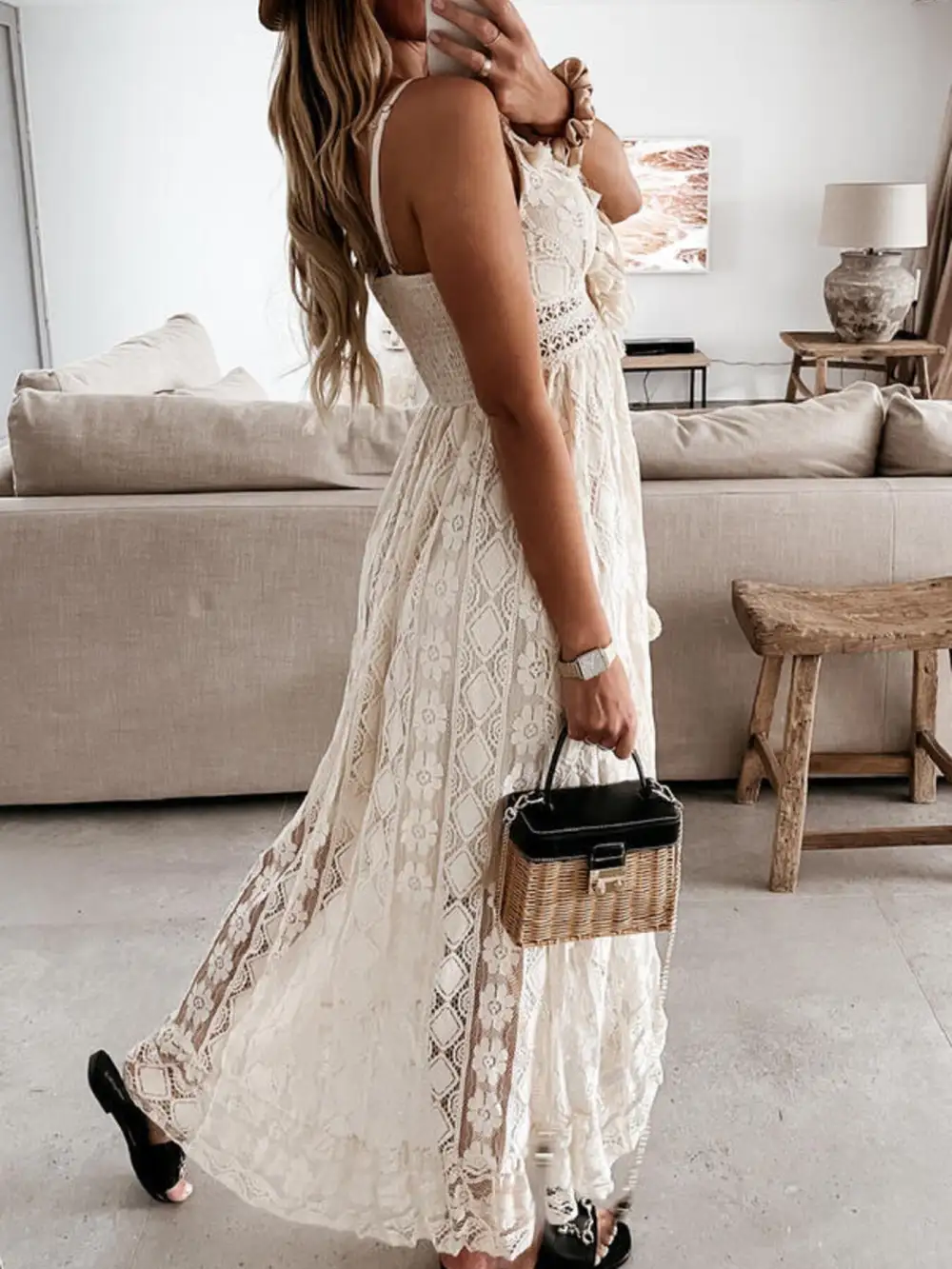 Lace V Neck Ruffle Maxi Dress