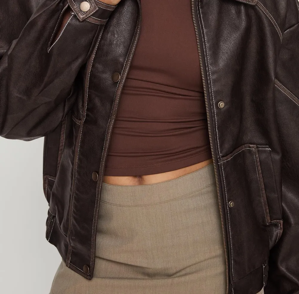 Brown Faux Leather Ribbed-Hem Jacket