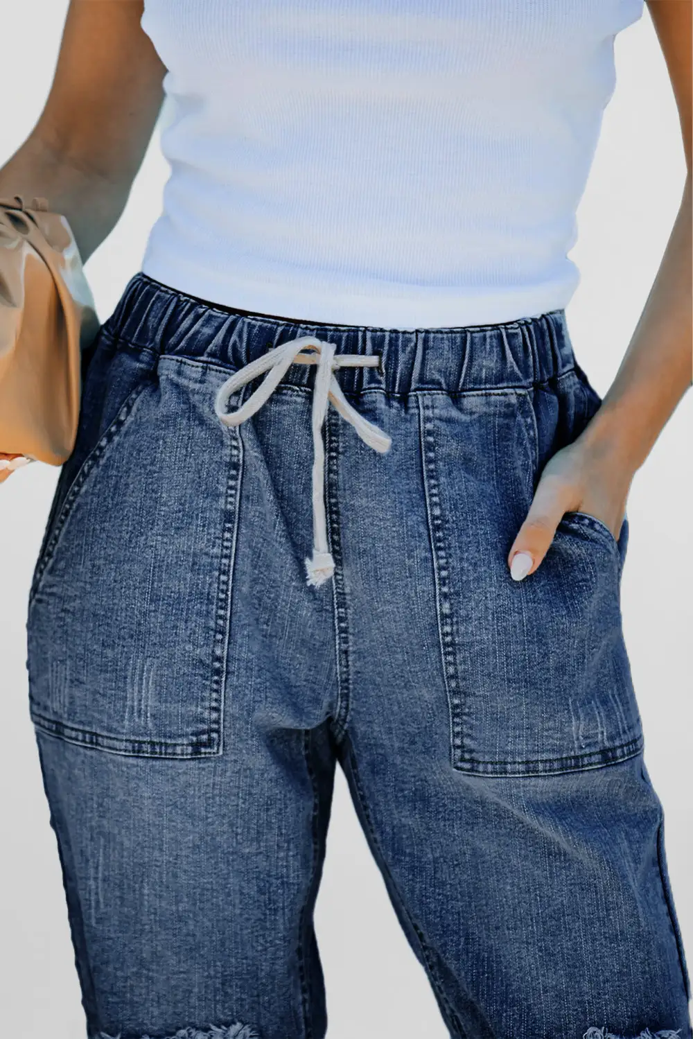 Women's Gather Round Distressed Pocketed Denim Jogger