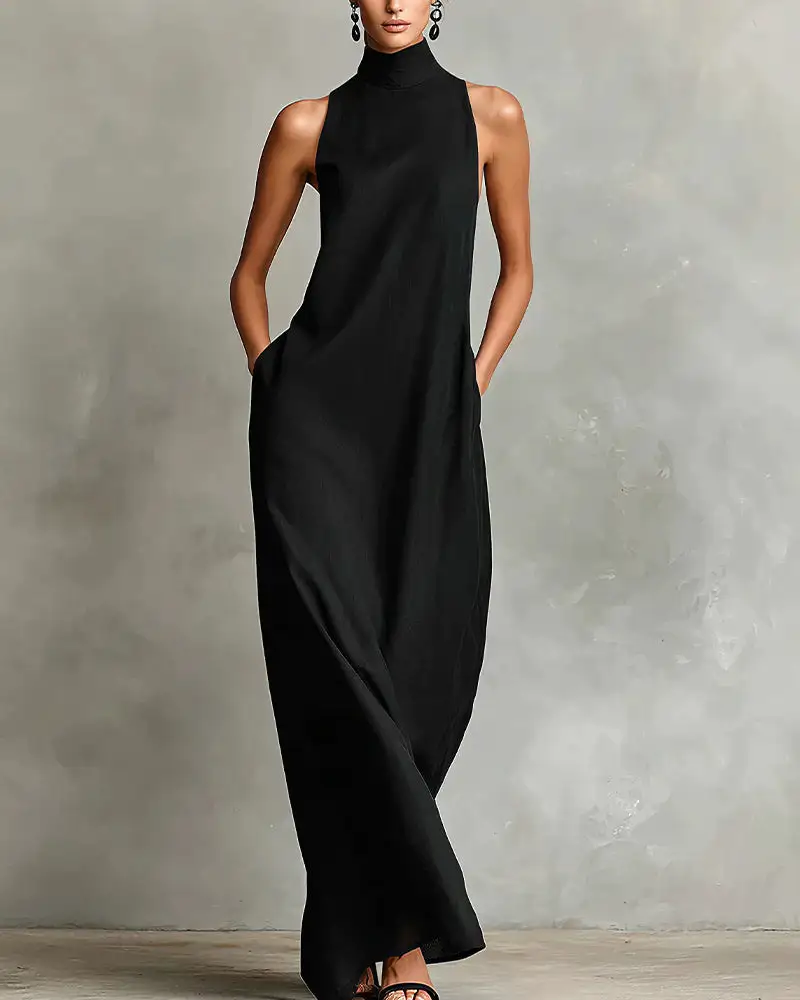Effortless Linen Blend High Neck Maxi Dress With Pockets