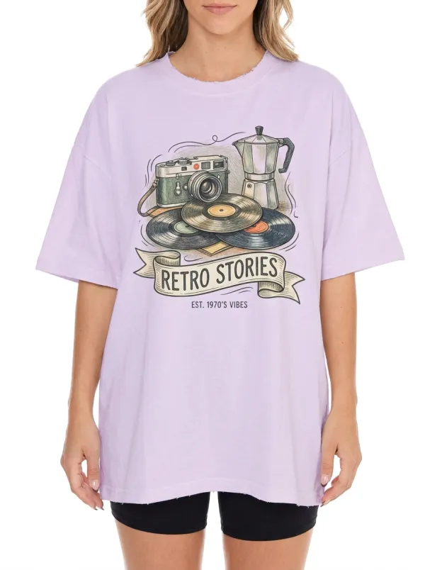 Women's Retro Camera Vinyl Record Graphic T-Shirt