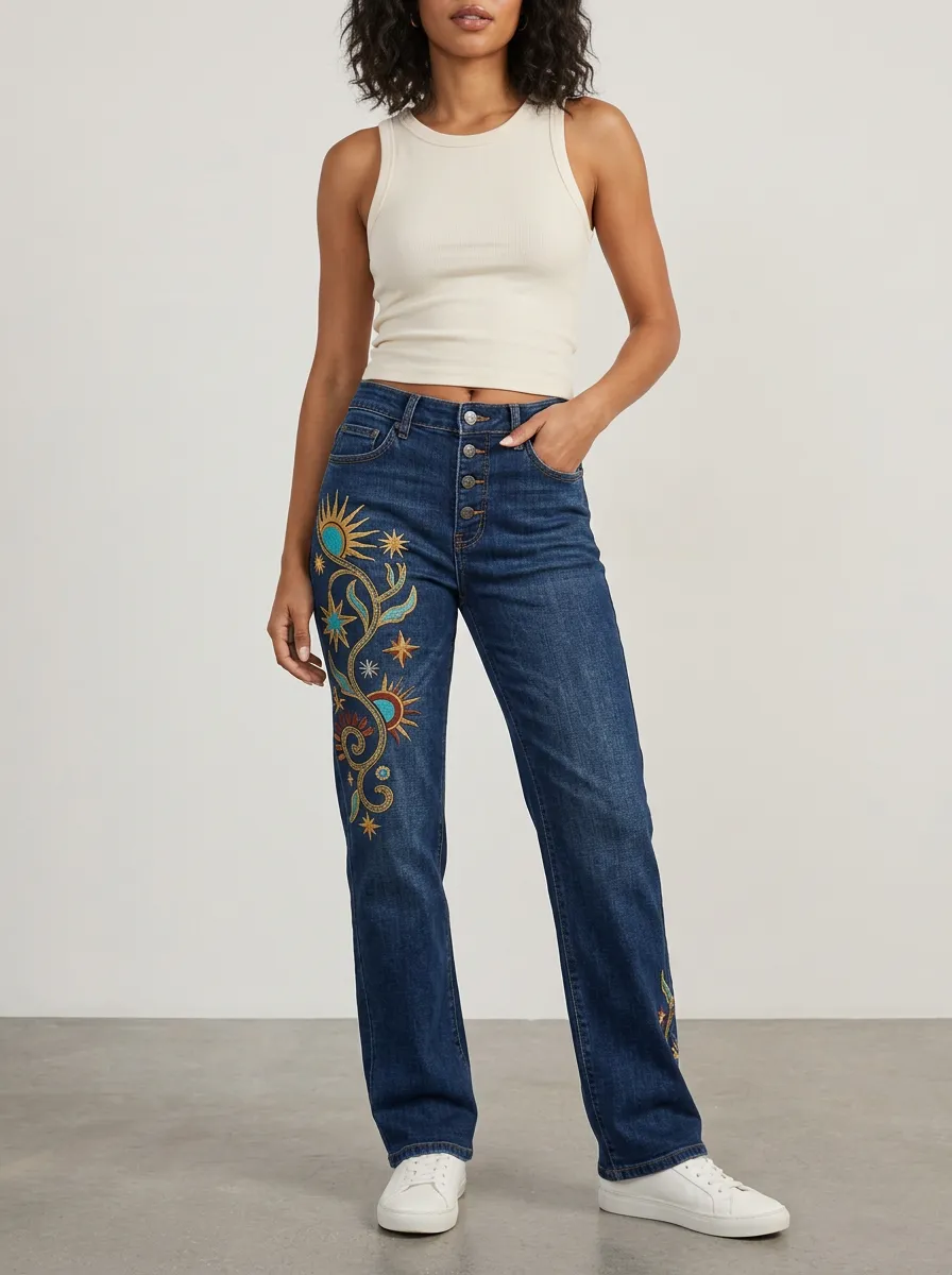 Women's Celestial Sun Star Embroidered Printed Straight Leg Jeans