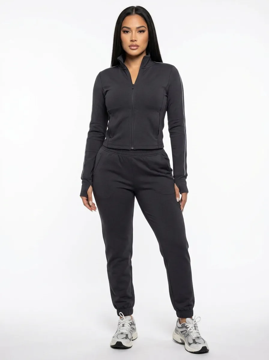 Women's Side-Stripe Track Jacket & Joggers Ribbed-Trim Set