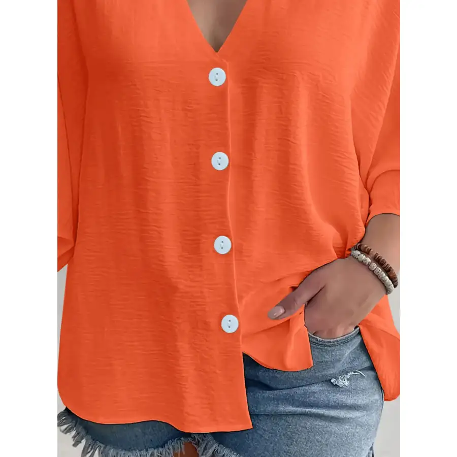 Full Size Casual V Neck Button Down Relaxed Fit Blouse Plus Size