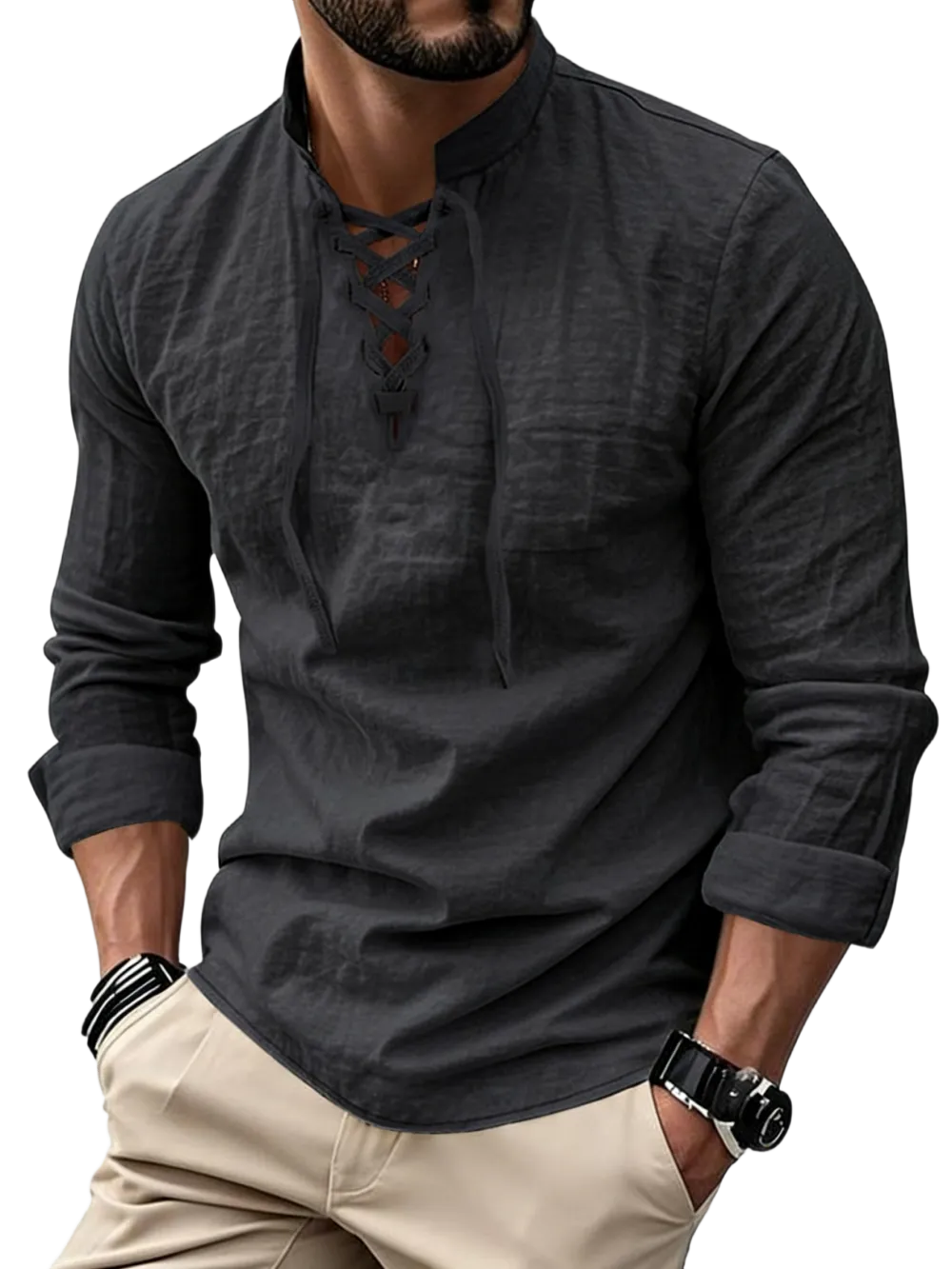 Men's Linen Casual Long Sleeve Polo Shirt, Stylish New Design