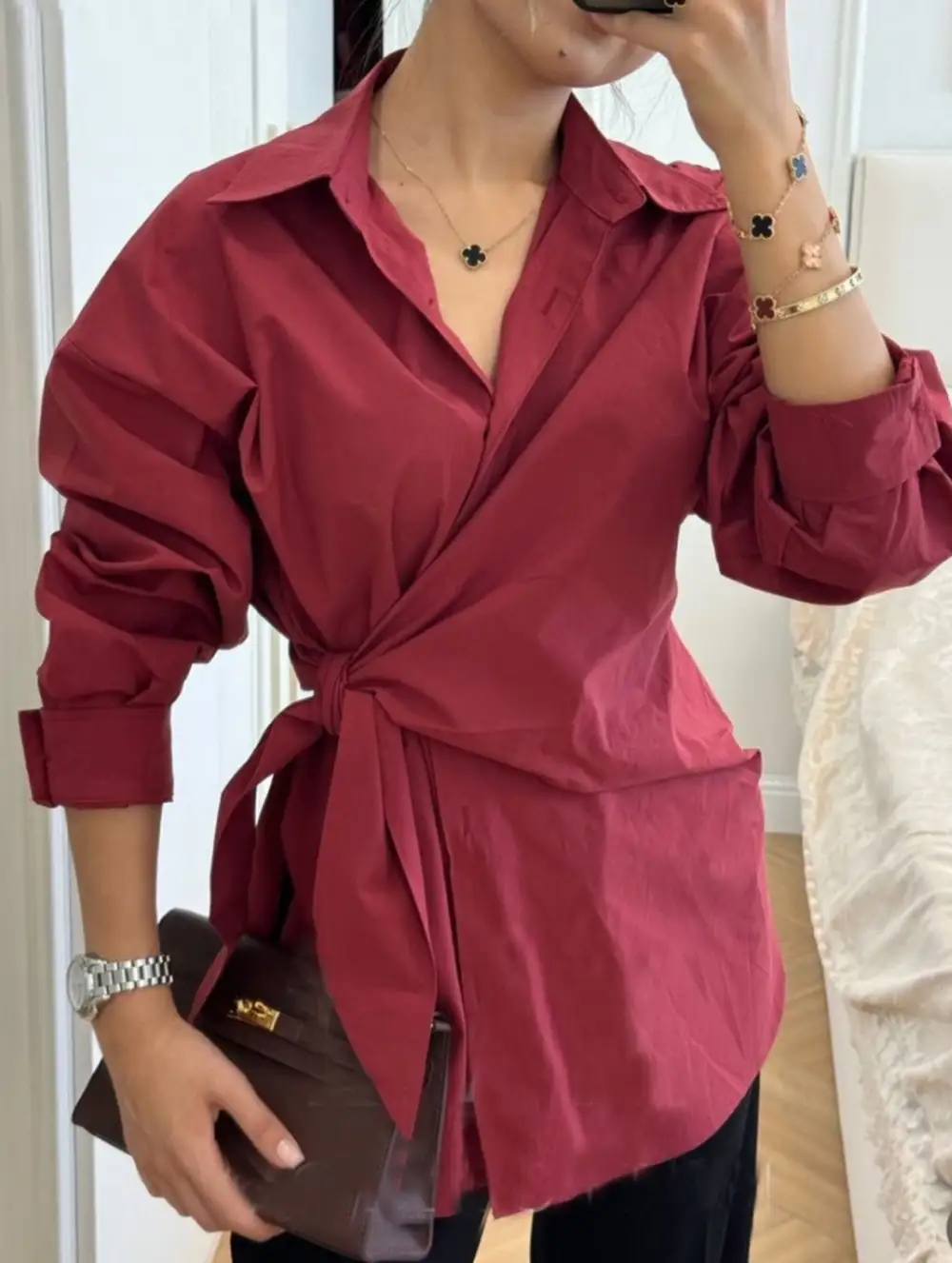 Lapel Button Tie Waist Slim Shirt