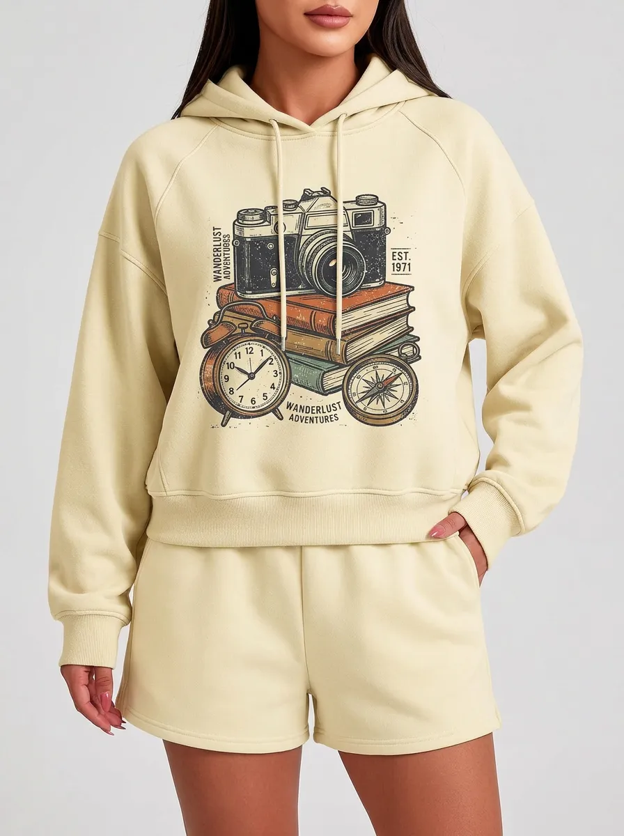 Women's Travel-Inspired Camera Books Clock Compass Printed Hoodie