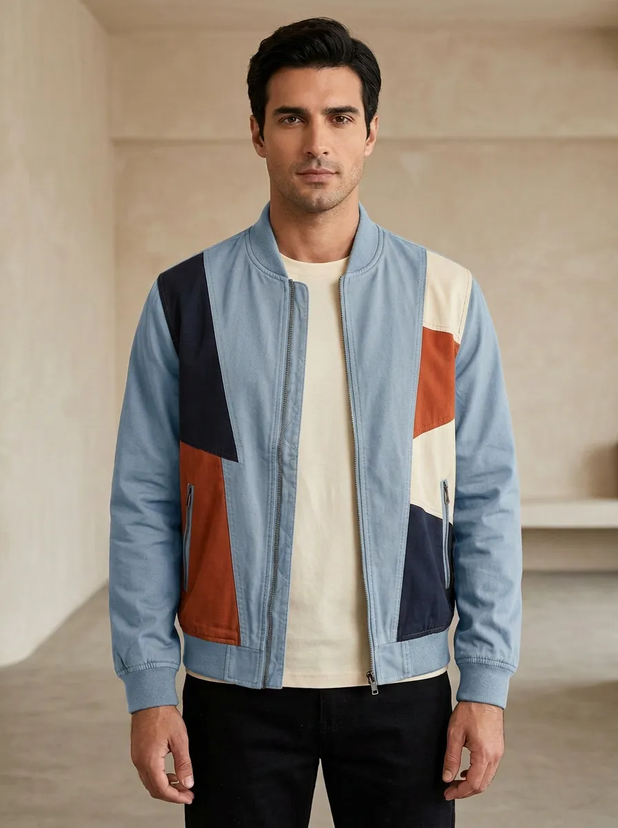 Geometric Print Baseball Collar Panel Detail Bomber Jacket