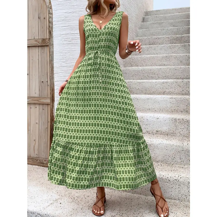 Printed V-neck Tie Waist Midi Dress