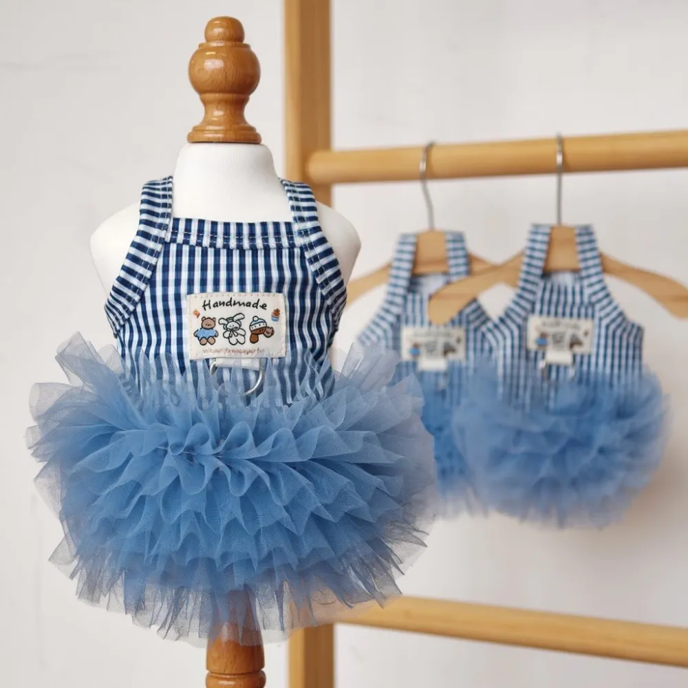 Blue Plaid Sling Pet Tutu Dress D-Ring, Soft Mesh Tulle Princess Summer Clothes for Small Dogs Cats