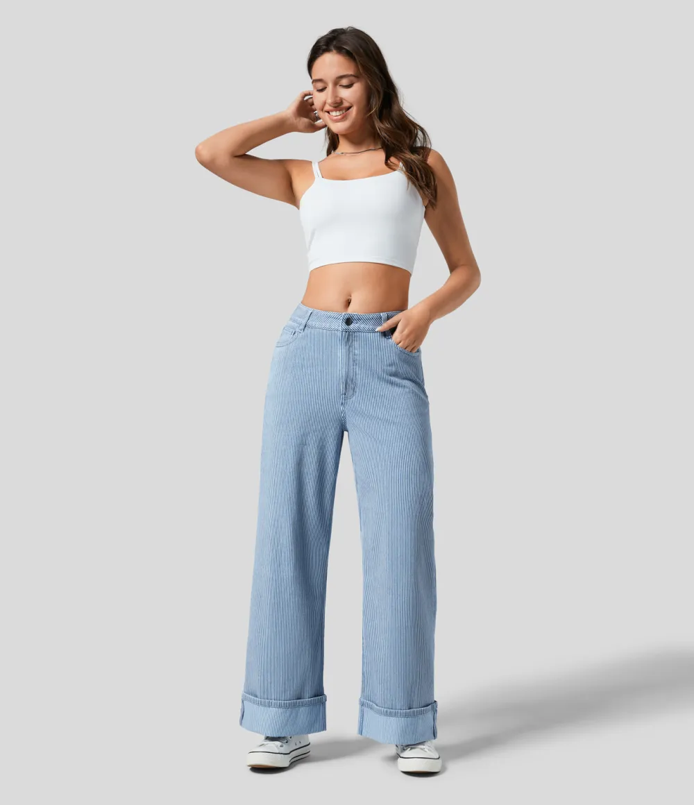 Magic Mid Rise Multiple Pockets Rolled Hem Striped Washed Stretchy Knit Casual Wide Leg Jeans