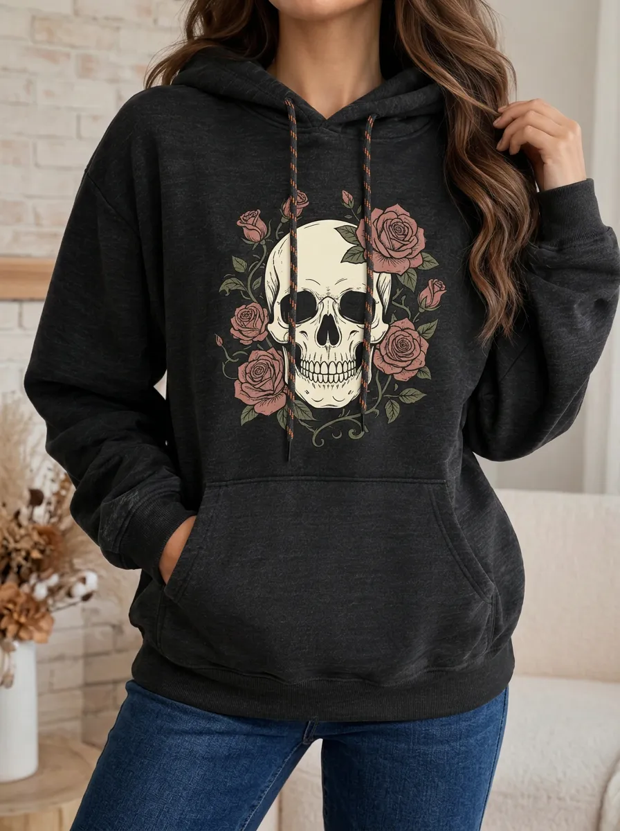 Women's Halloween Gothic Skull Rose Floral Printed Hoodie