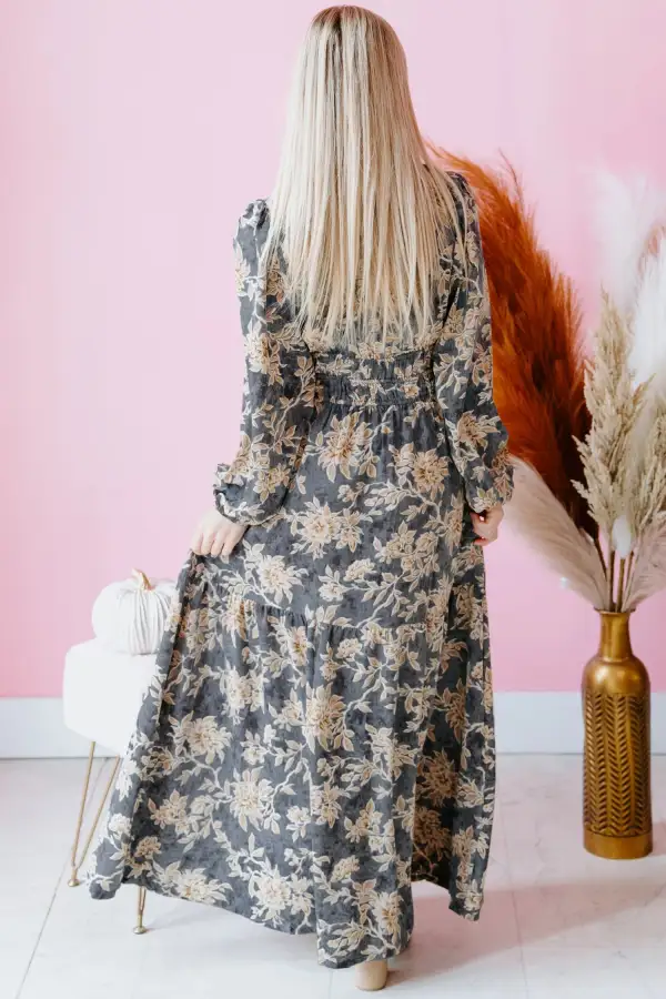 Plus Fit Floral Print Split Neck Shirred High Waist Long Sleeve Maxi Dress