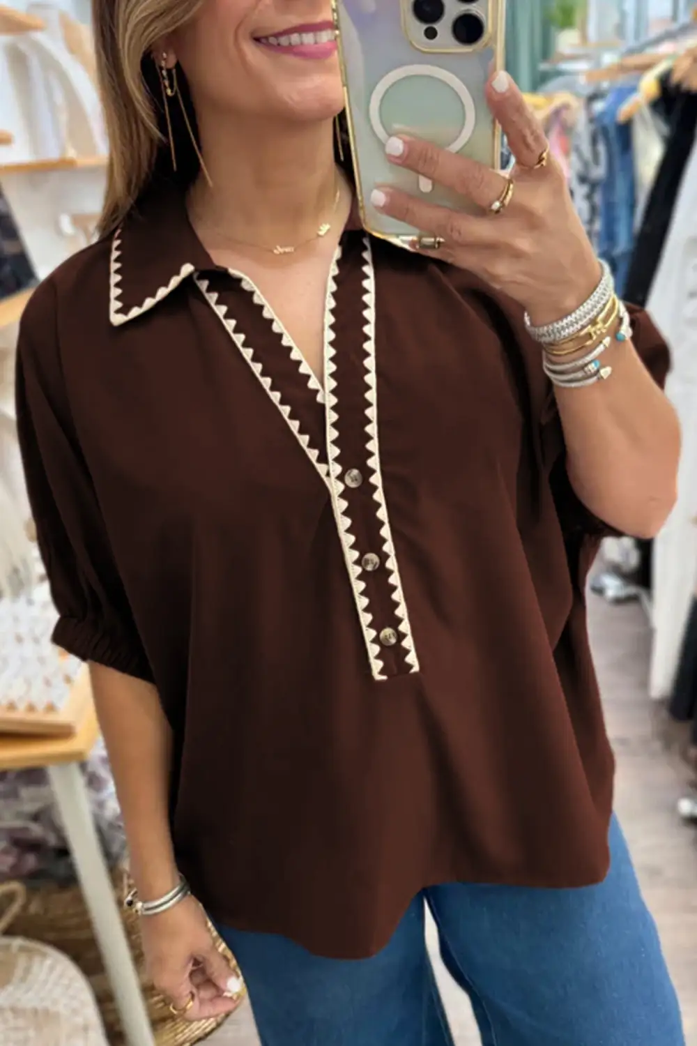 Women's V Neck Collared Short Sleeve Top