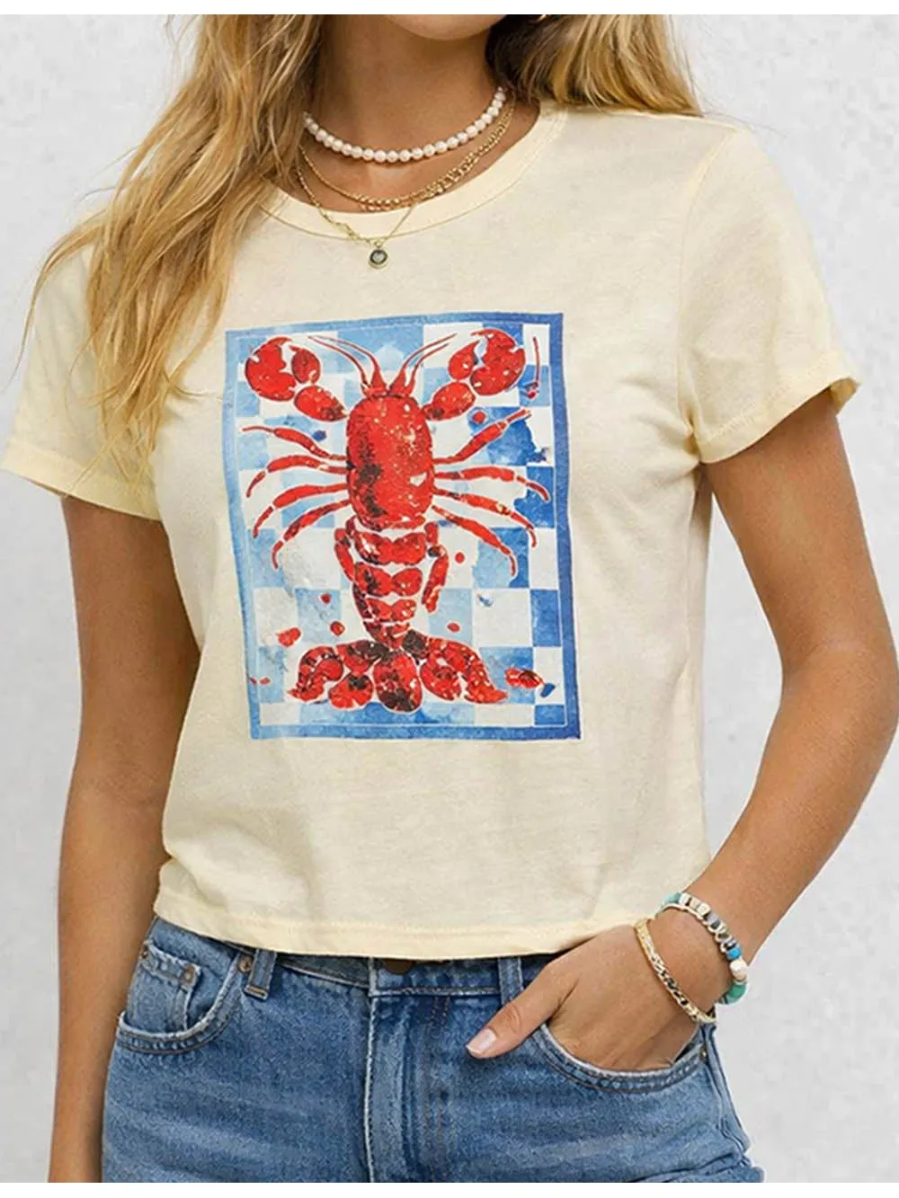 Lobster Chic Pullover Short Sleeves Crop T-shirt