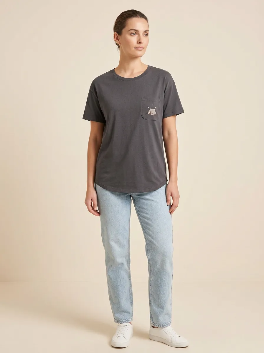 Women's Camping Tent Graphic Pocket Crewneck T-Shirt