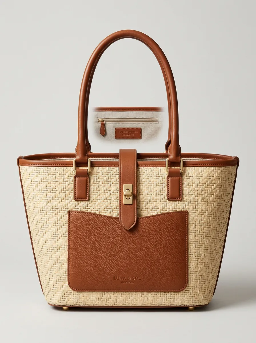 Woven Leather-Trim-Look Herringbone Women's Tote Bag