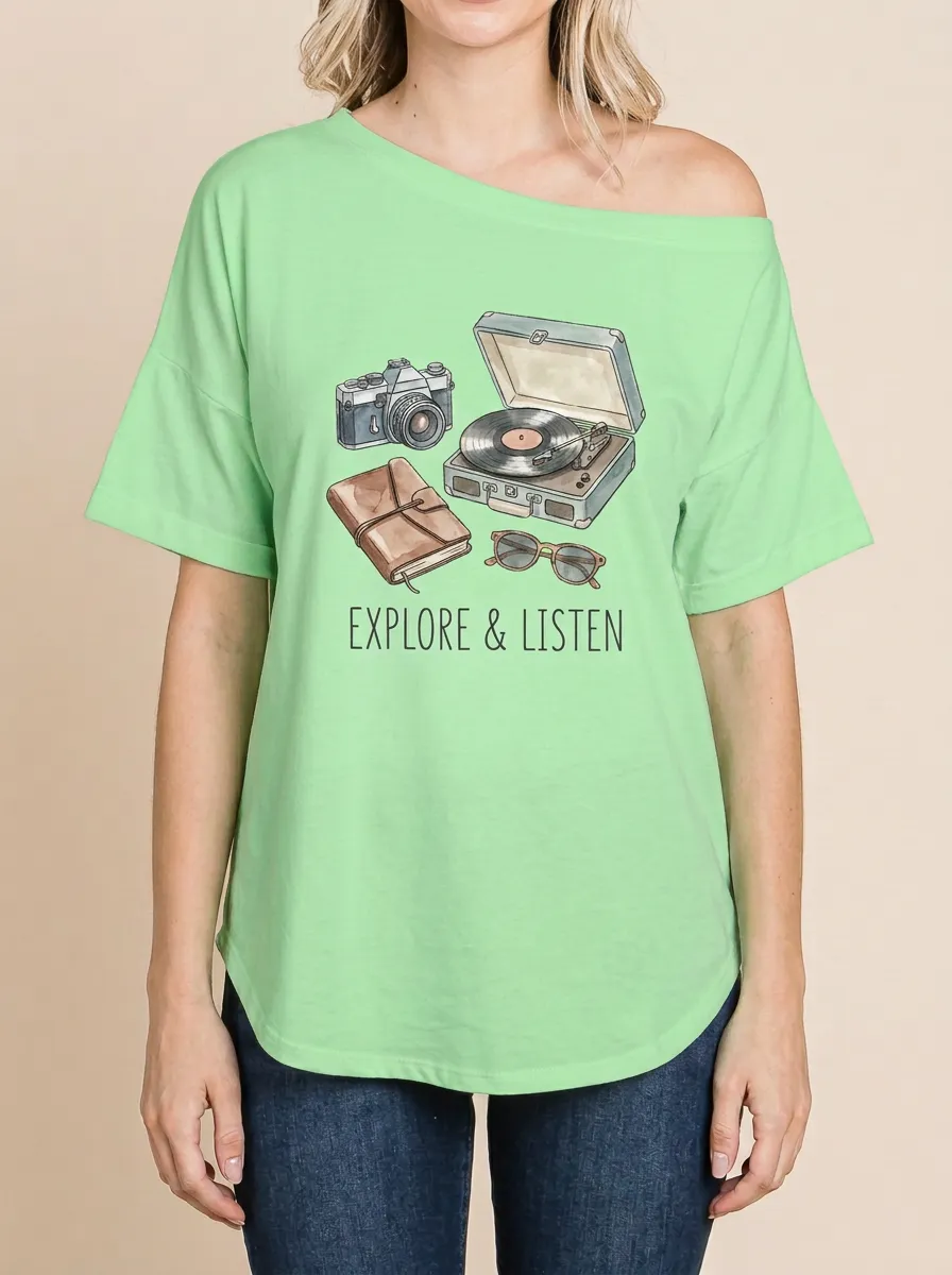 Women's Travel Music-Inspired Camera Record Player Printed T-Shirt