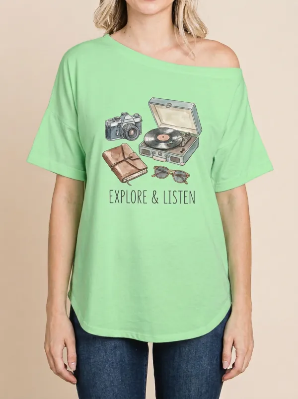 Women's Travel Music-Inspired Camera Record Player Printed T-Shirt