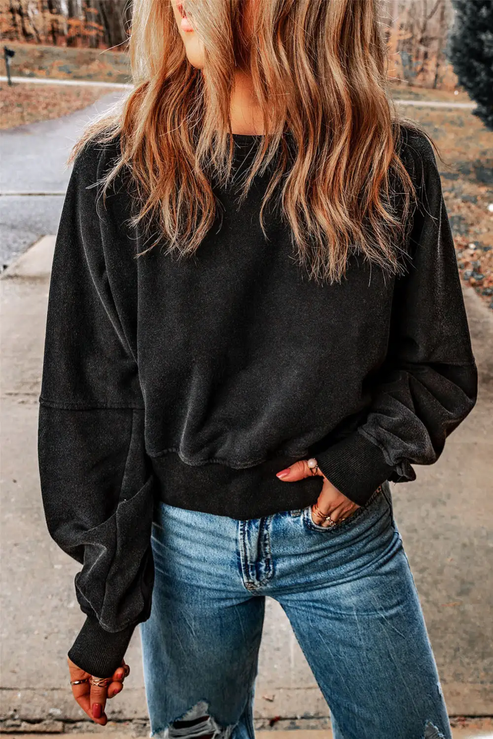 Acid Wash V Shape Open Back Sweatshirt