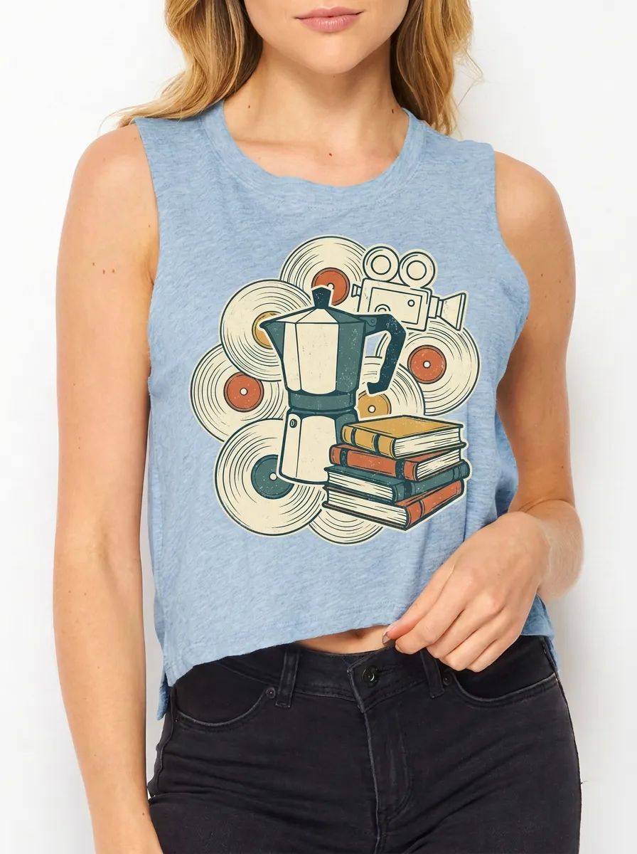 Women's Coffee Book Vinyl Camera Printed Crop Tank Top