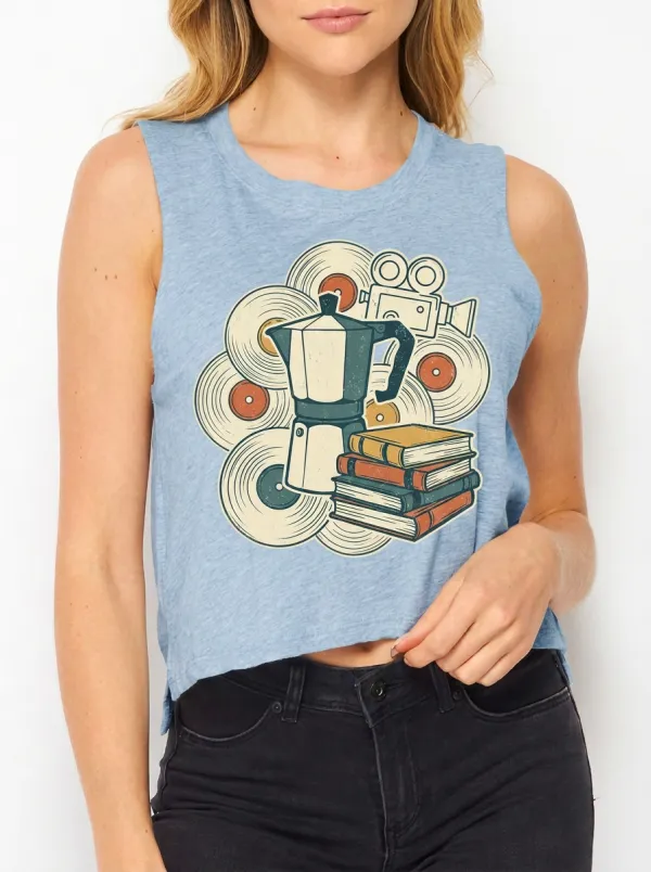 Women's Coffee Book Vinyl Camera Printed Crop Tank Top