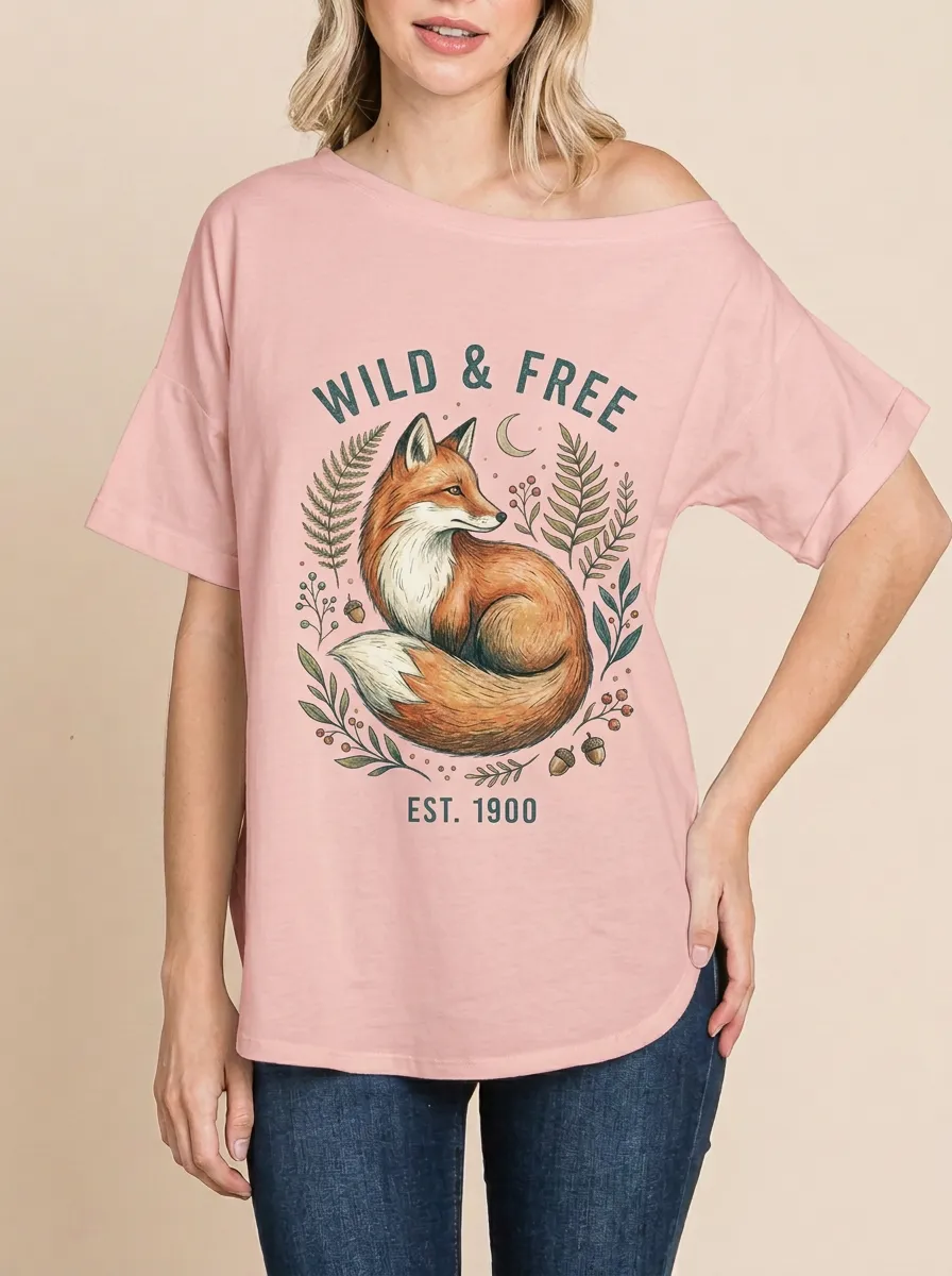 Women's Nature Wild & Free Fox Botanical Graphic T-Shirt