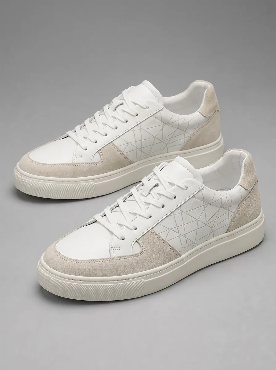 Men's Geometric Pattern White Suede Printed Sneakers