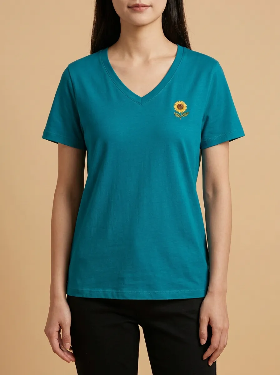 Women's Sunflower Embroidered V-Neck T-Shirt