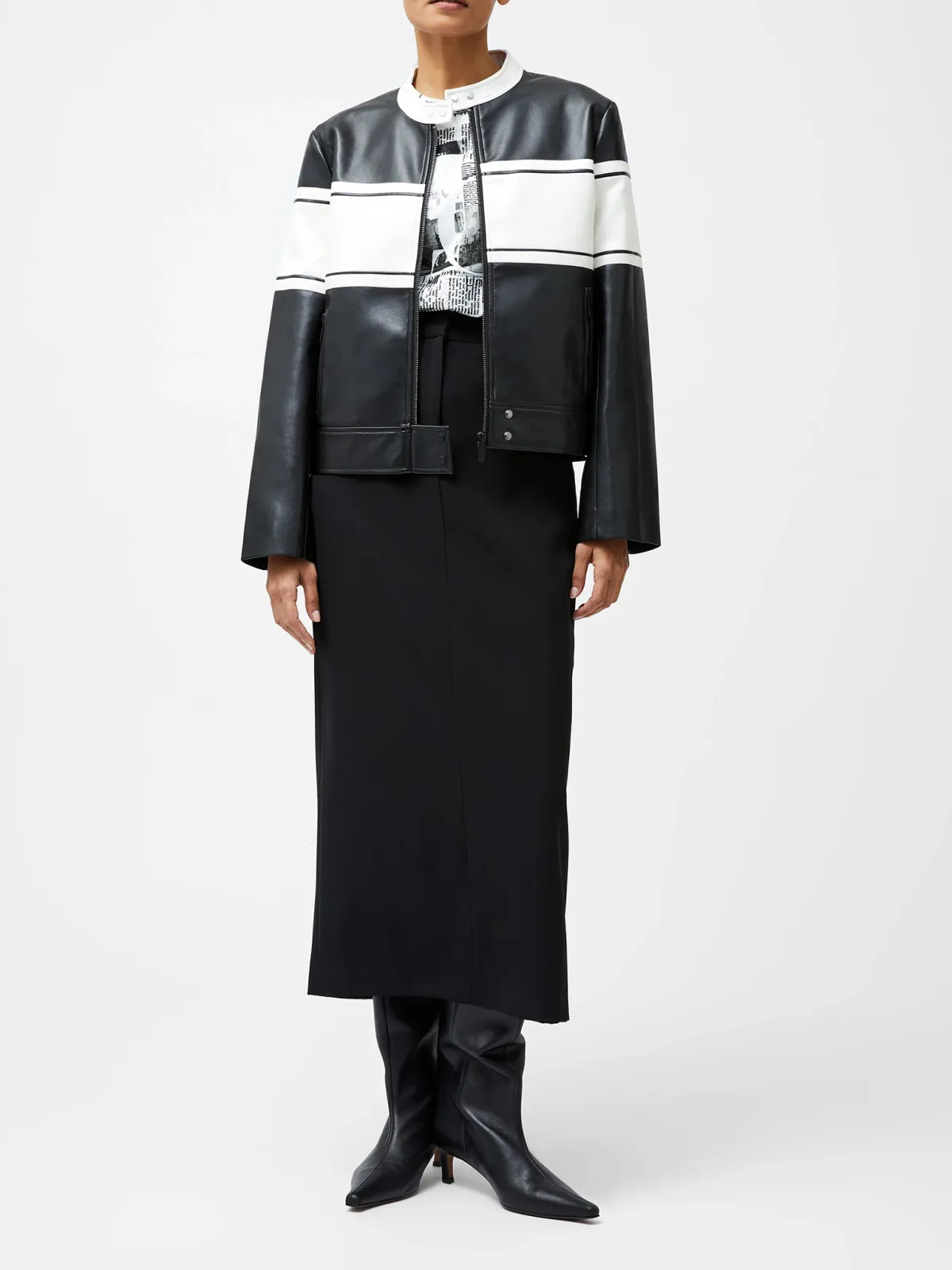 Creative Black And White Color Matching Fashionable Leather Jacket