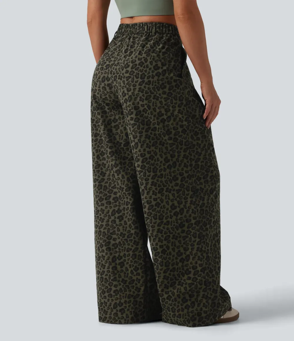 Pantalon large décontracté imprimé léopard taille mi-haute avec poches