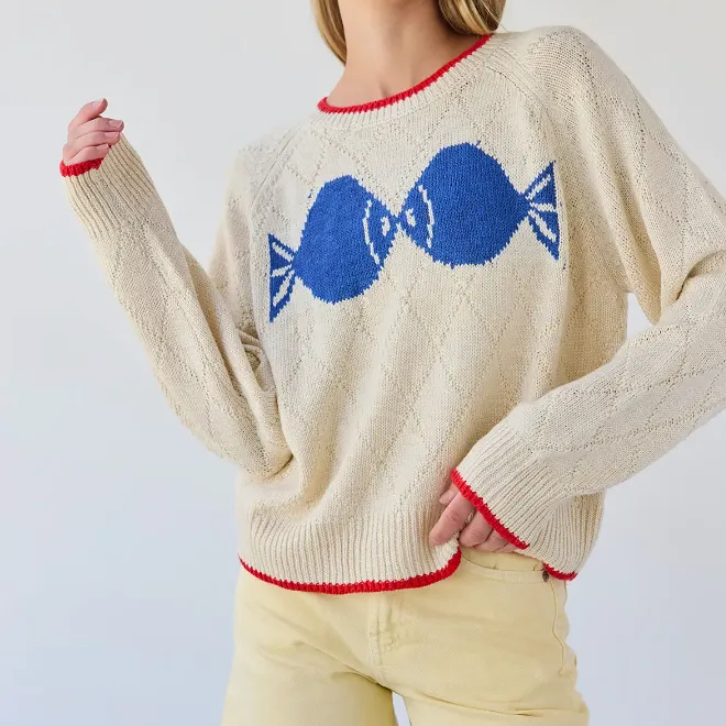 Diamond-Knit Fish Graphic Sweater