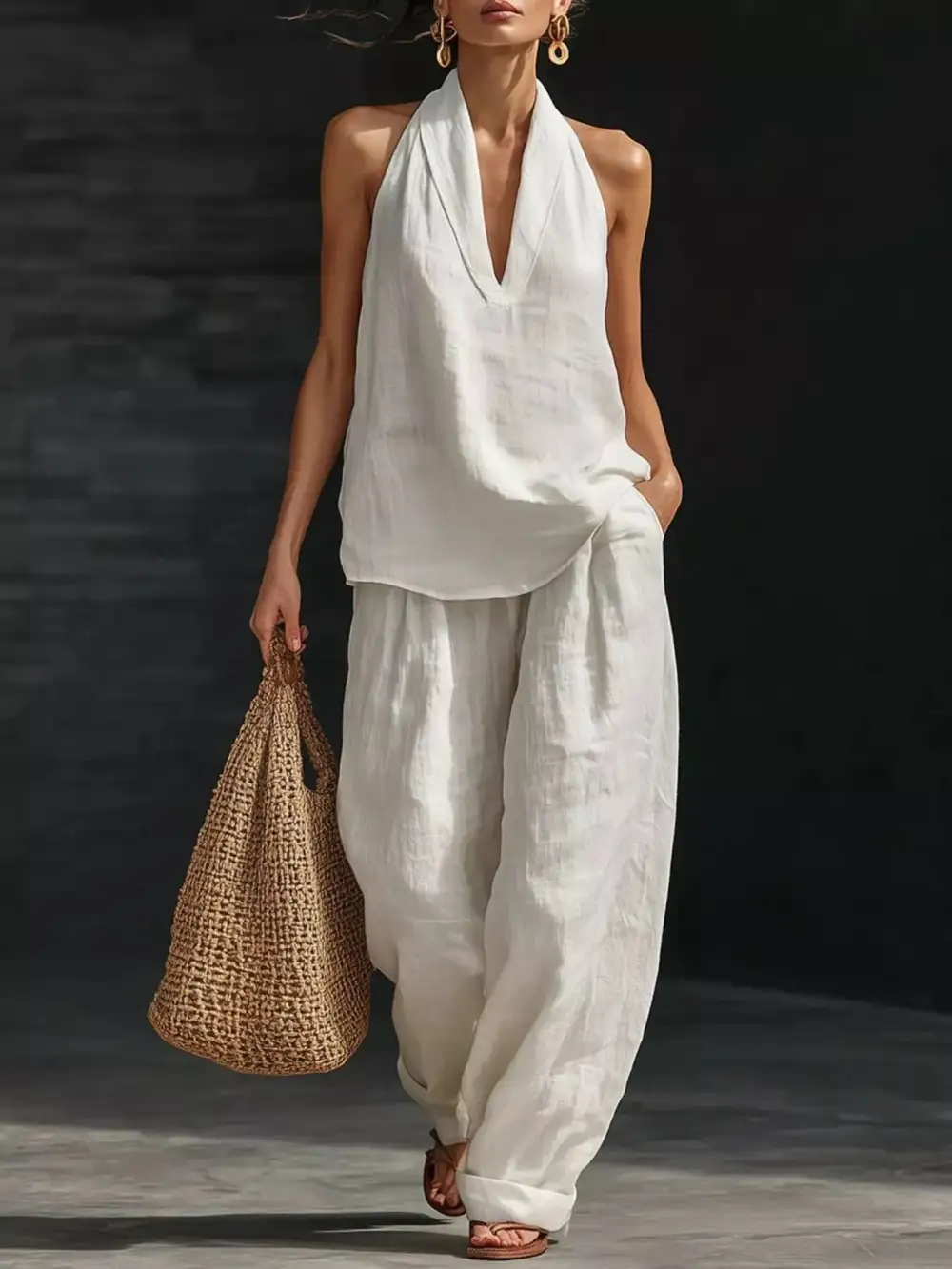 Halter Neck Top and Wide Leg Pants Set