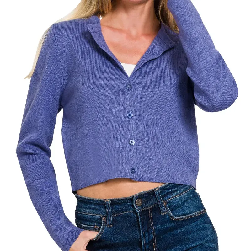 Button Front Long Sleeve Cropped Knit Cardigan