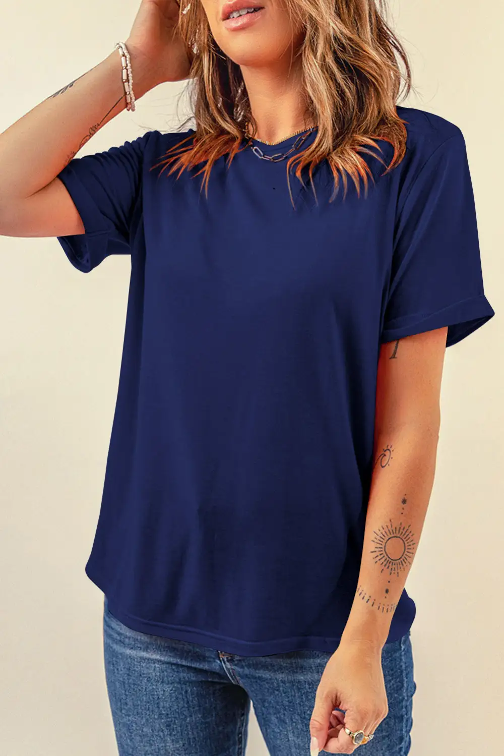 Blue Casual Plain Crew Neck